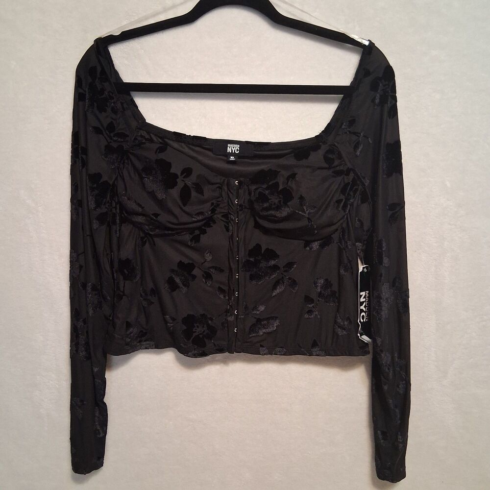 Madden NYC XL Top Black Velvet Burnout Cropped Corset Y2K Fairy Goth Whimsigoth
